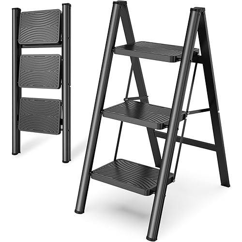 HBTower Step Ladder 3 Step Folding, Small Step Stool for Adults, Closet Step Stool Lightweight Kitchen Ladder 3 Step Ladder with Anti-Slip Wide Pedals, Black