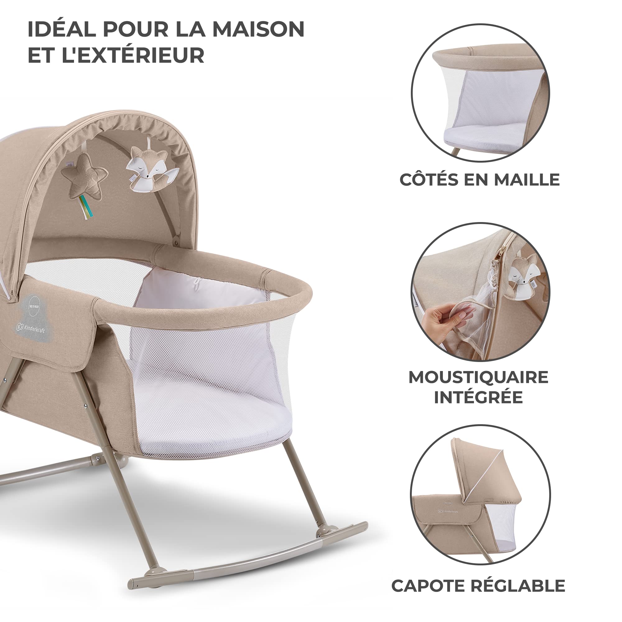 kk Kinderkraft Berceau Bébé Lovi, 3en1, Lit de Voyage, de 0 à 9 kg, Beige, 1 Unité