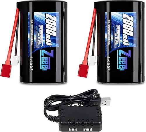 Zeee Batería de iones de litio 2S de 2000 mAh 7.4 V Deans T conector con cargador de batería de 7.4 V compatible con 110, 112, 116 escala RC Cars