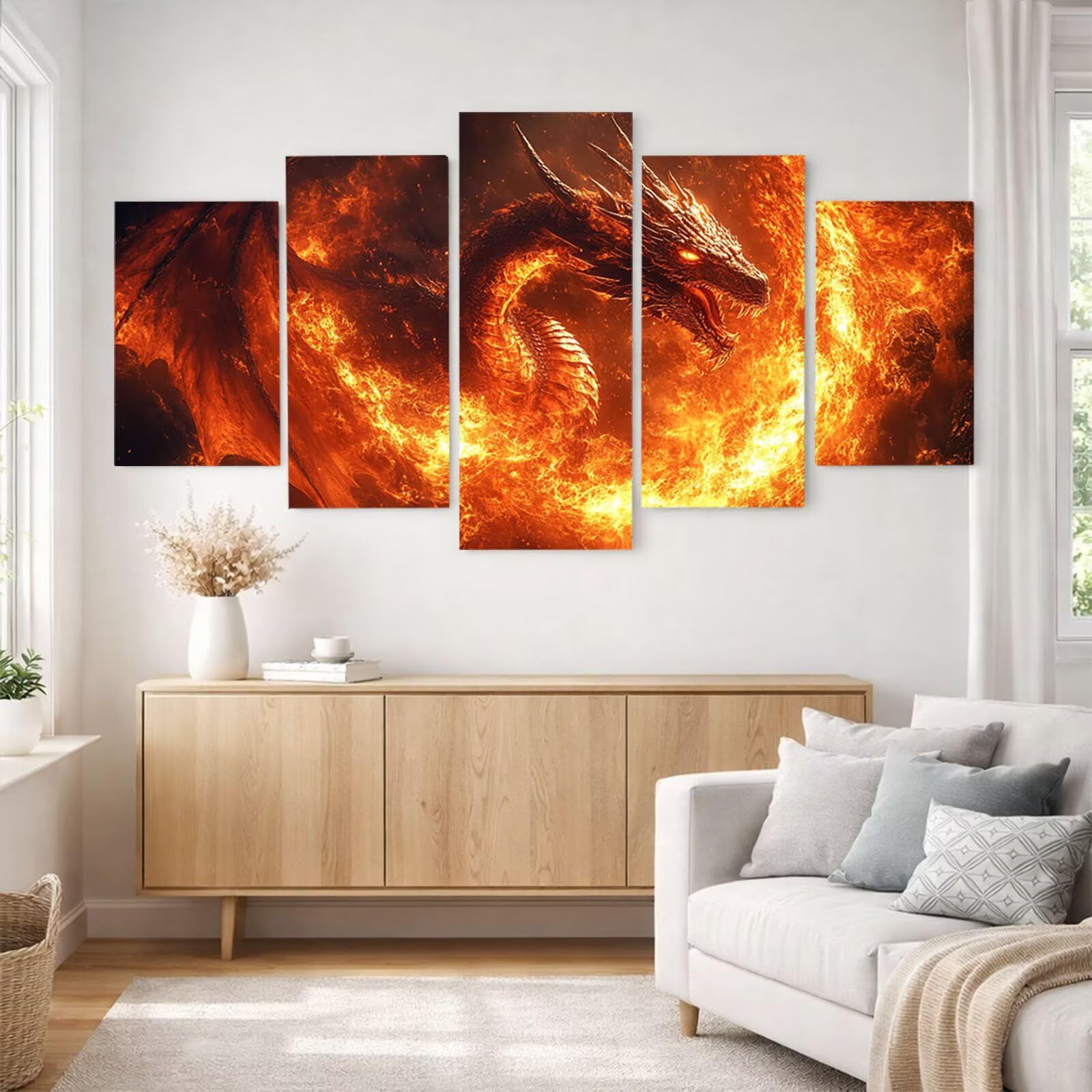 5 Pack Leuchtend Malen Nach Zahlen Erwachsene Drachen Drei Größen YCBZ-1849 | DIY Set Erwachsene mit Pinselset Acrylfarben Set Fünf Leinwand zum Bemalen Flamme für Deko Wohnzimmer Geschenke für Frauen