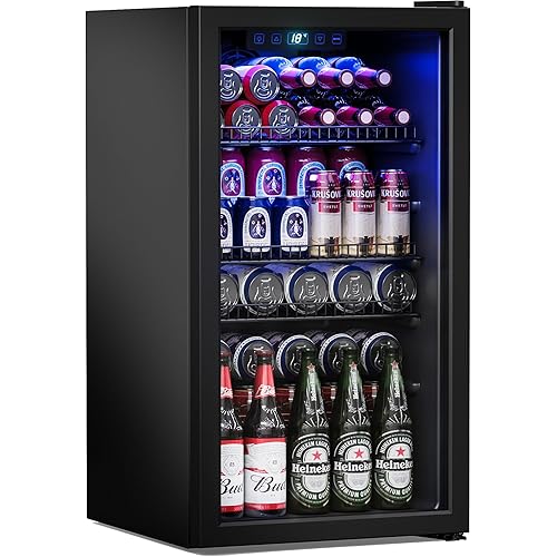 Manastin Beverage Refrigerator Cooler-120 Cans Freestanding Mini Fridge Cooler with Glass Door, Adjustable Shelves & Digital Temperature Display for Soda, Wine or Beer (Black, 3.2 Cu.Ft)