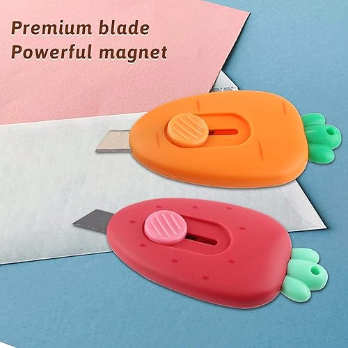 Miniatura 6 de Abrecajas con forma de zanahoria de 2 piezas, imán de nevera, mini cuchillo multiusos portátil, cortador de sobre, hoja de seguridad que se retrae