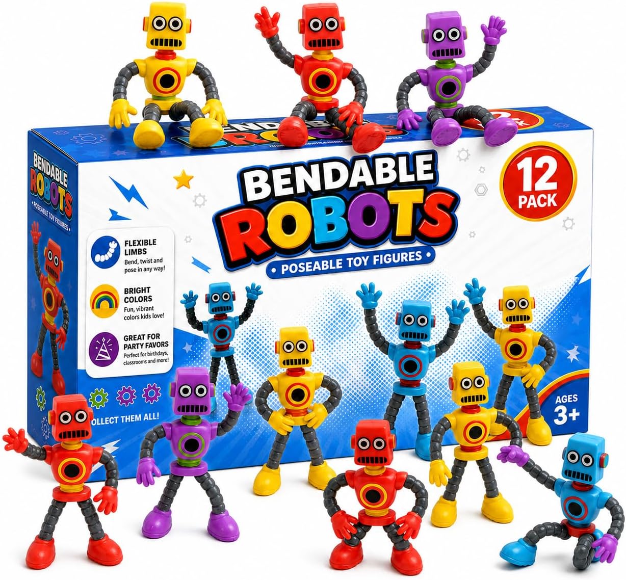 ArtCreativity 12 Pack Bendable Robot Figures, Anxiety Relief Toys, Robot Party Favors for Boys and Girls, Stress Relief Fidget Toys, Sensory Toys for Kids and Adults, Goody Bag Stuffers