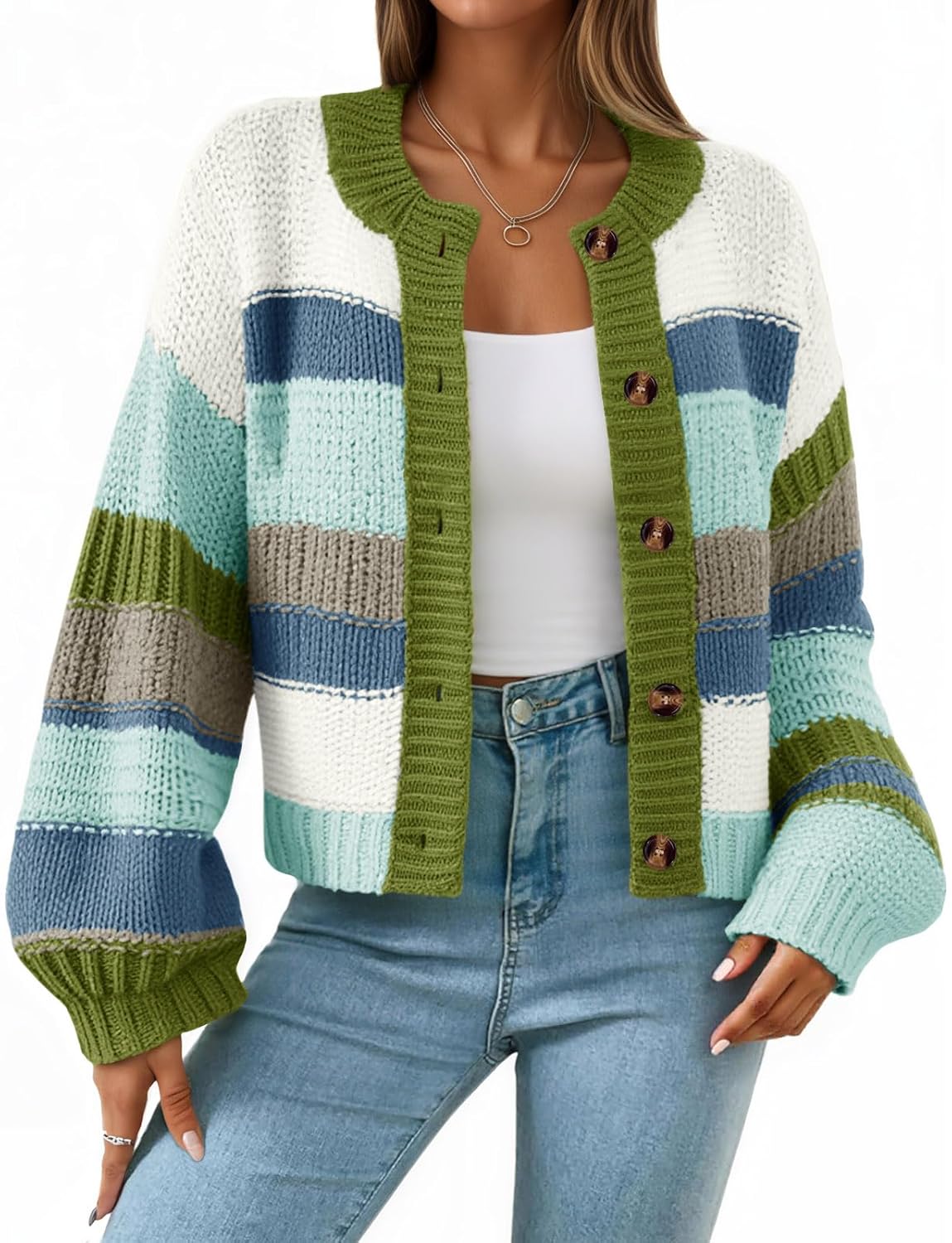 Saodimallsu Womens Striped Chunky Cardigan Sweaters Button Up Fall Trendy Color Block Long Sleeve Knit Sweater Coats