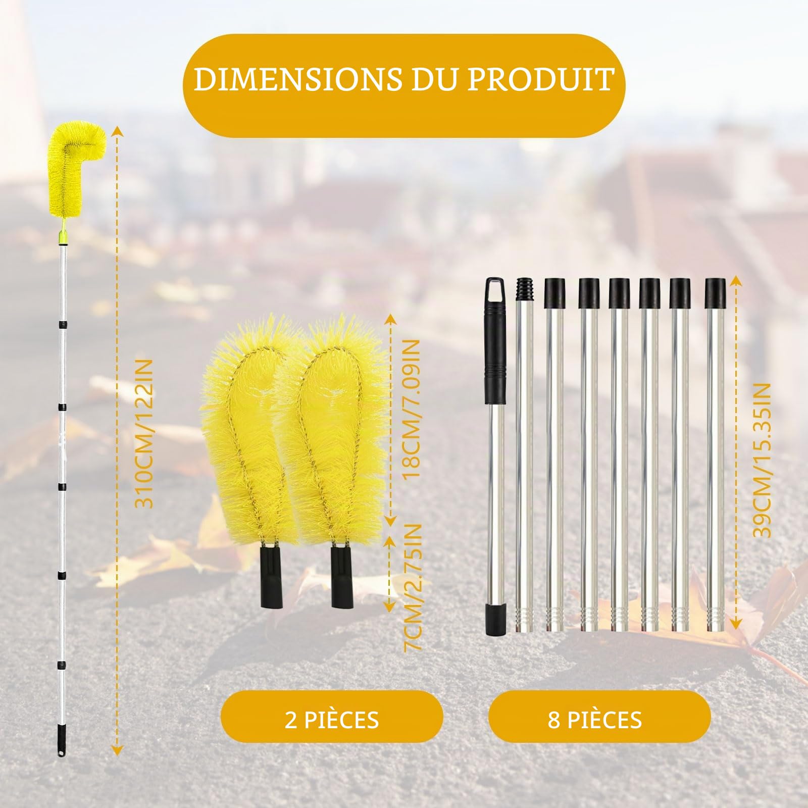 Brosse de Nettoyage de Gouttière de 310cm, Brosse de Nettoyage Pliable avec 2 Brosses, Brosse Telescopique de Nettoyage de 8 Pôles D'épissure, Pour Nettoyer les Feuilles/Fenêtres/Gouttières/Murs,Jaune