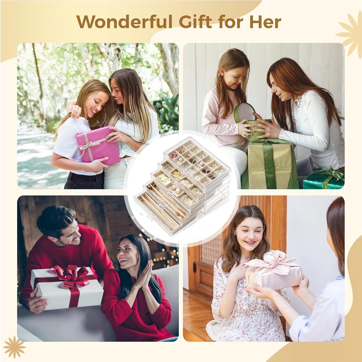Joyero acrílico para mujer con 5 cajones, organizador de joyas con bandeja de terciopelo, estuche para guardar collares, anillos, pendientes y pulseras (Beige, 5 Drawers)