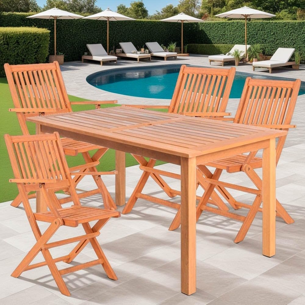 LOLAhome Conjunto Exterior Madera Mesa 140 cm y 4 Sillas Plegables, Kate