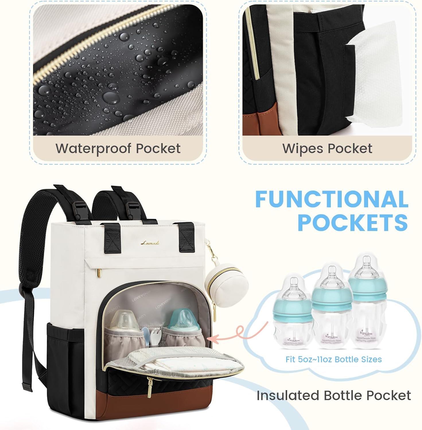 LOVEVOOK Diaper Bag Backpack, Large Capacity Portable Baby Bag with Foldable Diaper Changing Pad, Waterproof Baby Diaper Bags Gift for Mon Dad, Ivory Ebony - Image 3