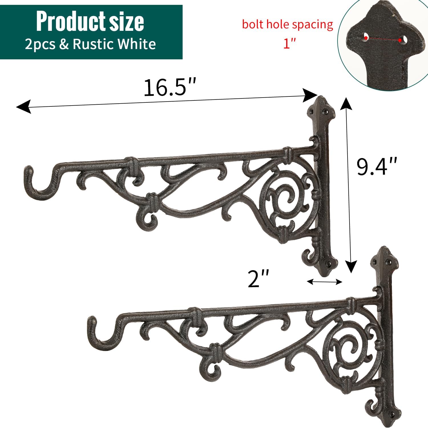 Sungmor Cast Iron Hanging Plant Bracket, 16.5" Large Outdoor Wall Plant Hangers, 2pcs Black Heavy Duty Hanging Basket Hooks, Decorative Hooks for Flower Pot, Lantern, Wind Chime, Hummingbird Feeder