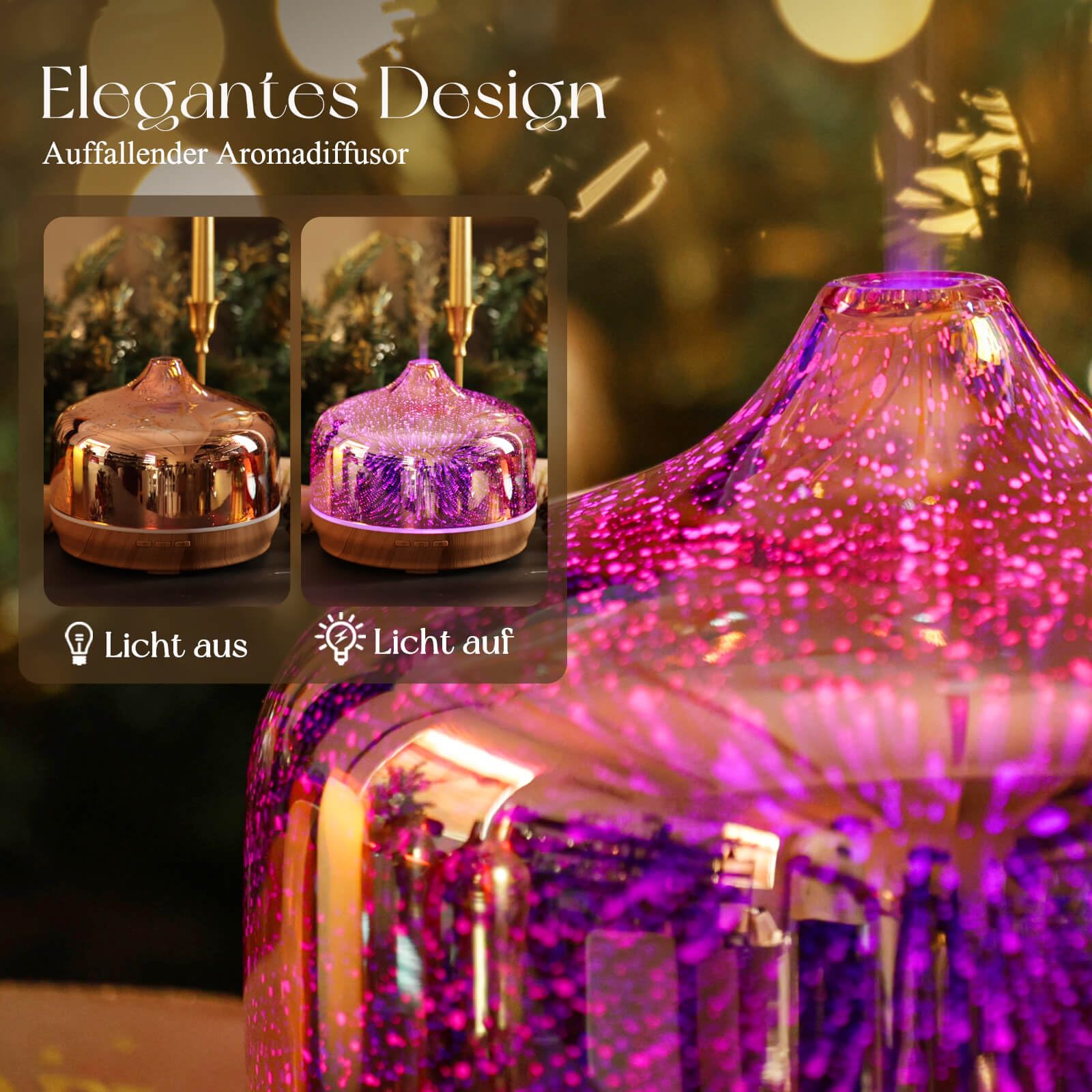 Porseme Aroma Diffuser 500ml,Handgeblasen Glas Luftbefeuchter,Ultraschall Aromatherapie Öle Diffusor mit 7 Farben LED Licht,Diffusor für Ätherische Öle Hält 15-21 Stunden,Leise für Wohnung (Rosegold)
