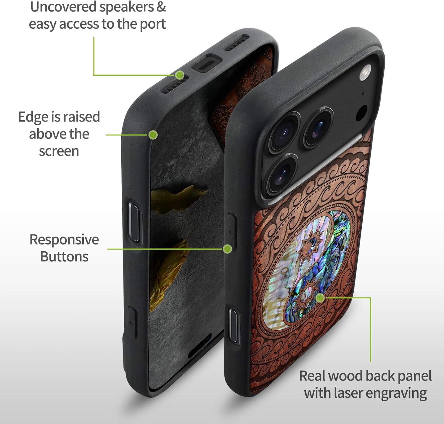 Carveit Magnetic Case for iPhone 17 Pro Max Case, Wood Artisan Engraved & Handmade Shell Inlaid, TPU Shockproof Cover, Compatible with MagSafe Wireless Chargers (Yin Yang Paisley-Rosy)