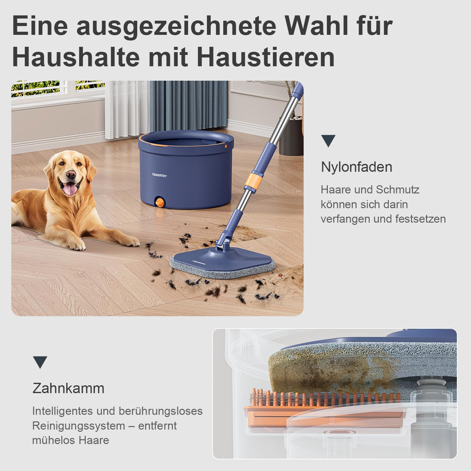 HoMettler Wischmopp Set mit Eimer, 2-Kammer System für Sauber- und Schmutzwasser Trennung, Bodenwischer mit 360° Drehkopf, Teleskopstiel aus Edelstahl, 4 waschbare Mikrofaser Pads, für alle Hartböden