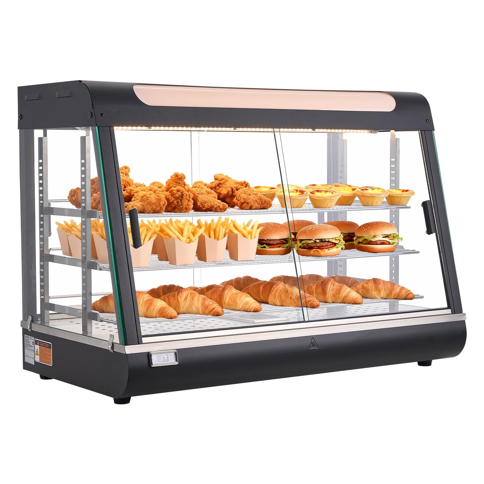 VEVOR Espositore Scaldavivande Commerciale a 3 Livelli, Espositore Scaldavivande da 1400 W con Luce LED, Vano Portaoggetti Superiore e Ripiani Regolabili, per Hamburger, Pizza, Pane, Pollo Fritto