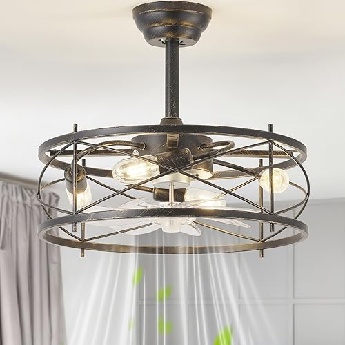 Ventilador de techo de 20 pulgadas estilo granja con luz, ventiladores de techo enjaulados sin aspas con luces y control remoto, pequeño ventilador