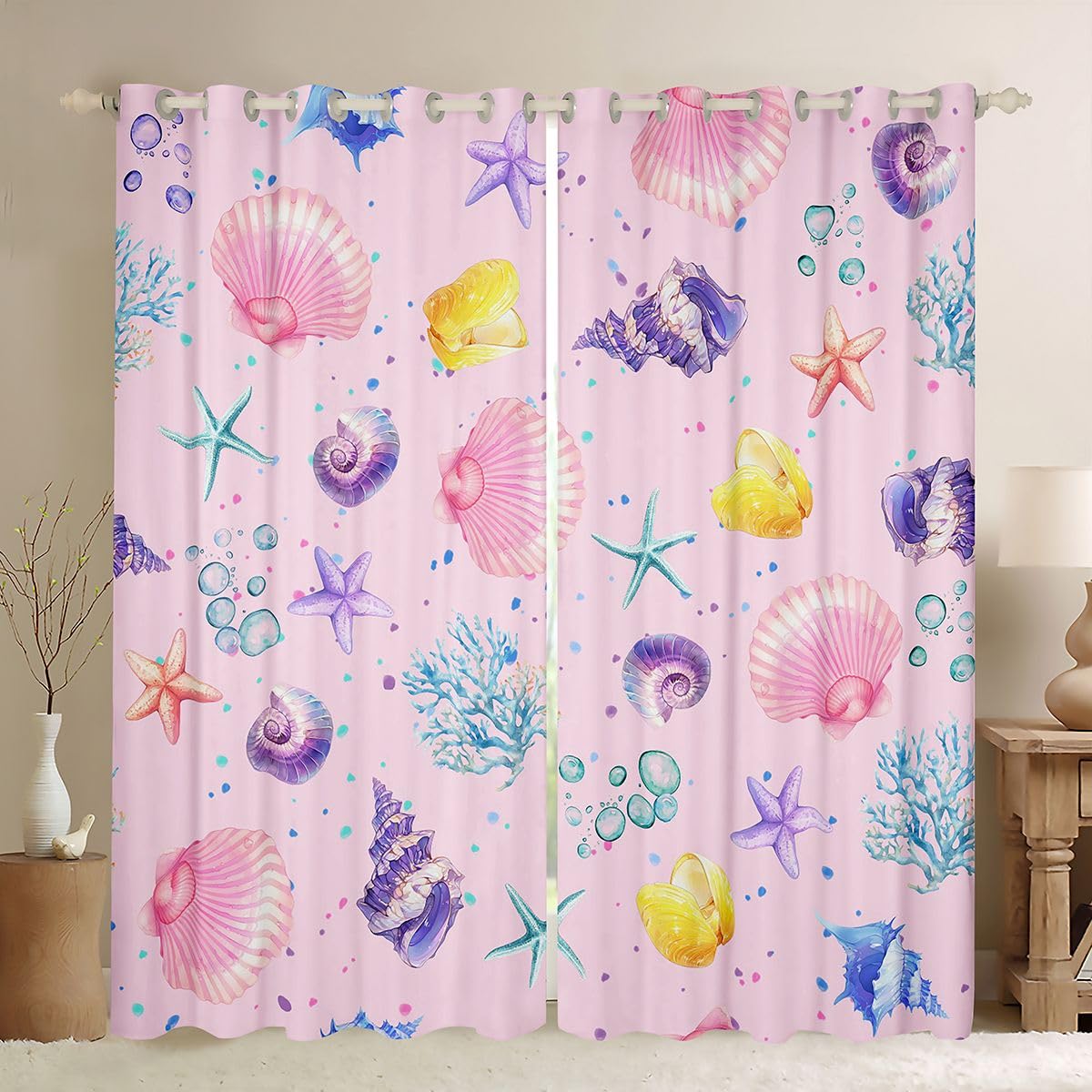 Homemissing Tende oscuranti rosa costiere per camera da letto, soggiorno, oceano spiaggia, tende oscuranti a tema nautico corallo stelle marine, 2 pannelli 167,6 x 182,8 cm (larghezza x lunghezza)