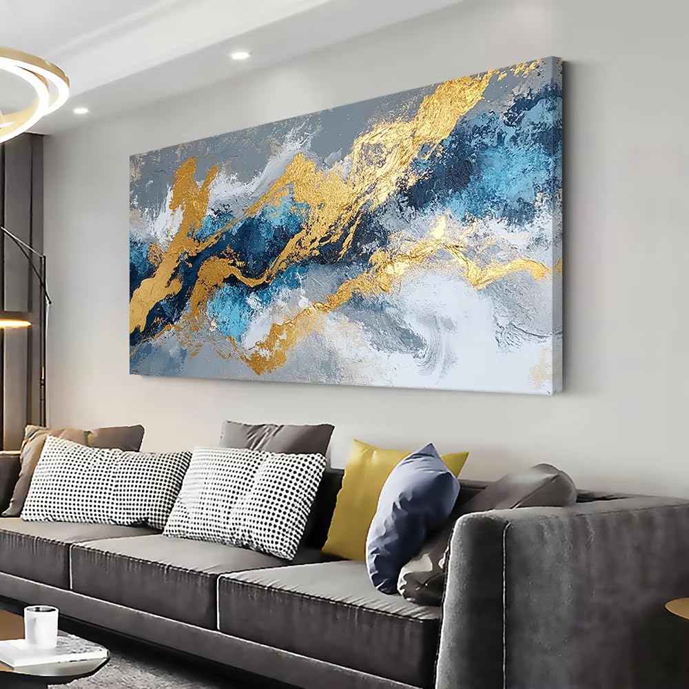 AEFOUU Modern Wall Decor Golden Blue Abstract Canvas Wall Art Print for Living Room, Bedroom, Office, Dining Room Canvas Pictures(70x120cm/28x47in/Internal Frame)