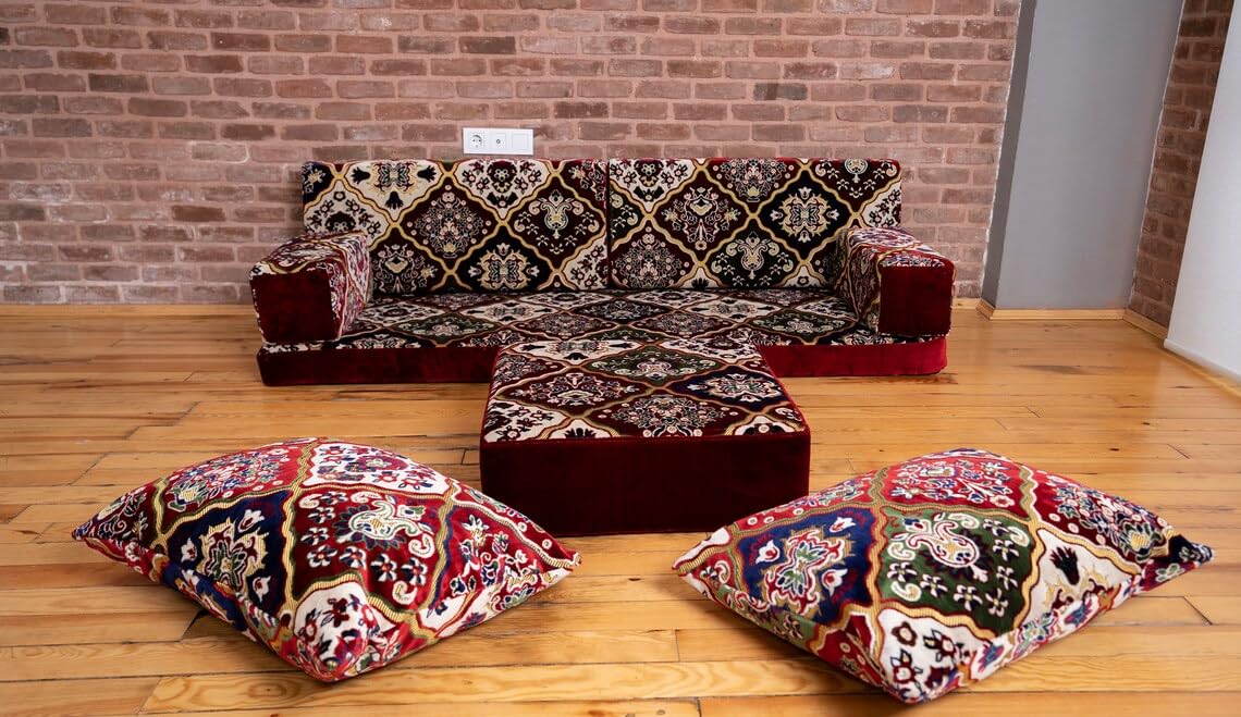 Velvet Arabic Seating Floor Sofa, Living Room Floor Sofa, Thick Afghan Kilim Velvet Fabric, Single Sofa Set, Moroccan Sofas, Arabic Majlis (Sofa Full Set)