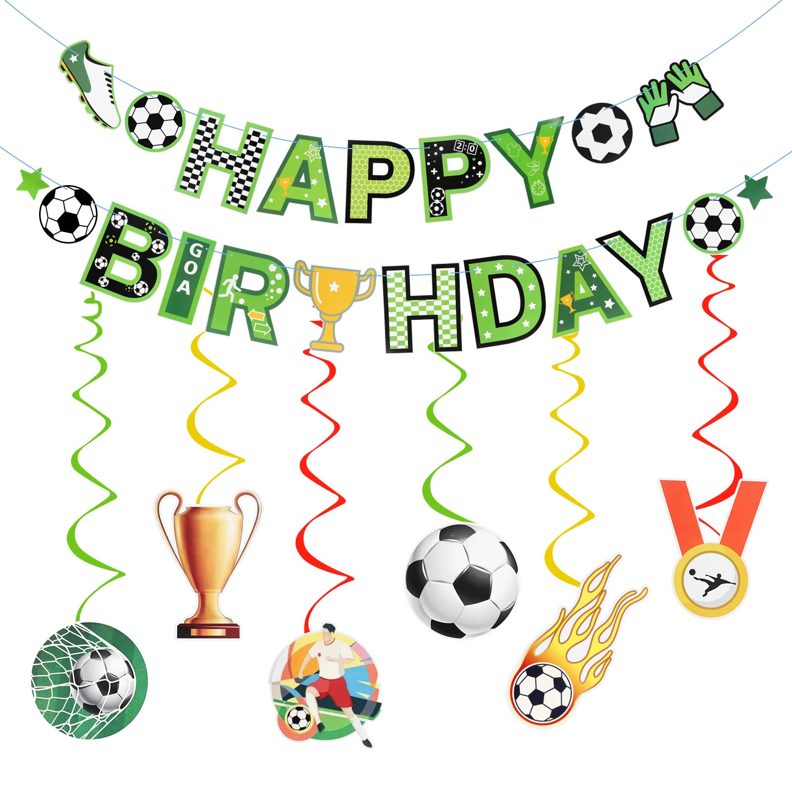 Football Happy Birthday Banner, Kaluofan Soccer Themed Party Decorations, Green Football Banner with "Happy Birthday" and 8 Football Cards for Footballs Birthday Decorations，Soccer Decorations Party