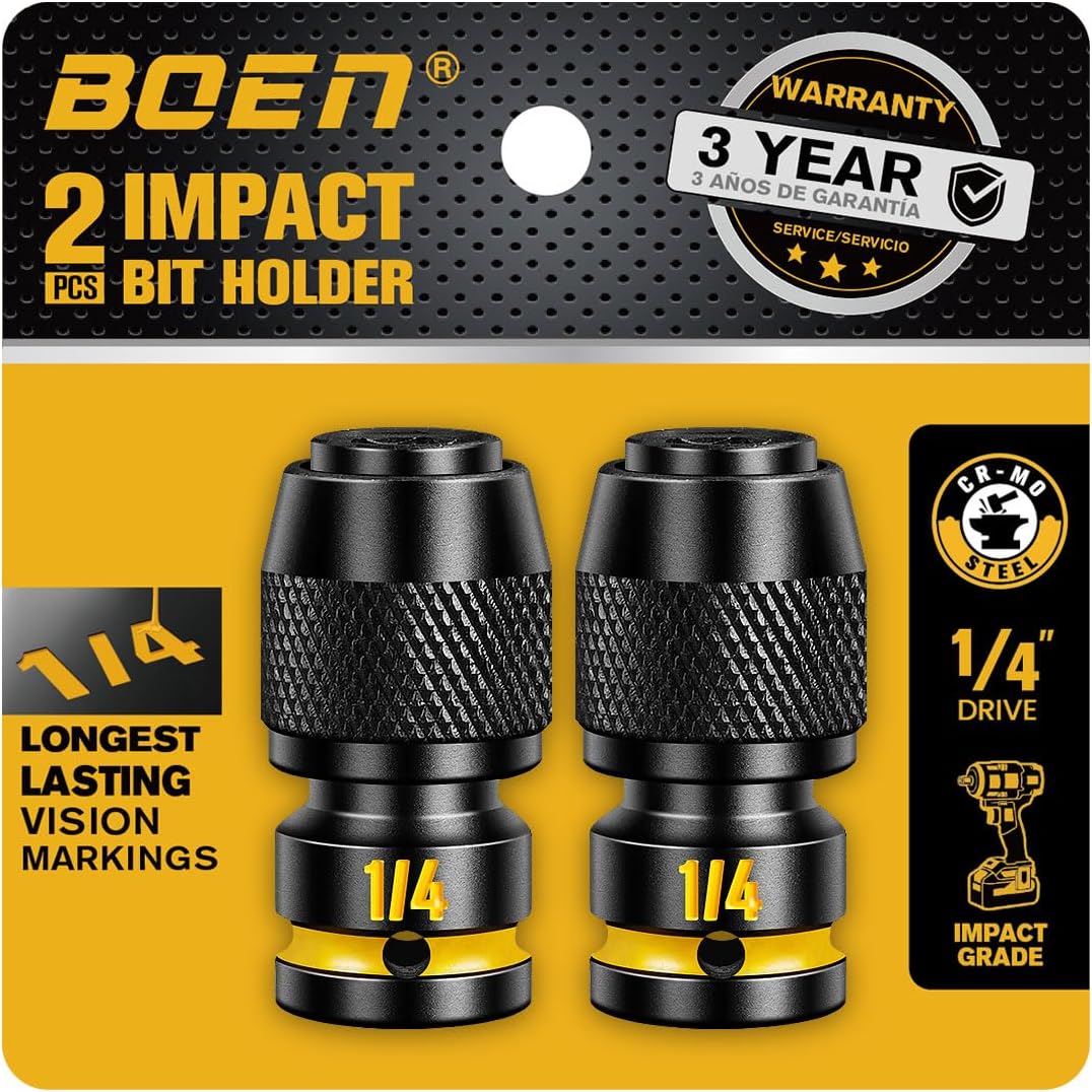 boen 1/4-Inch Drive to 1/4-Inch Hex Socket Adapter, 2PCS Quick Release Impact Bit Holders, Square Drive Adapter, CR-MO Steel, Deep Embossed Size Marking