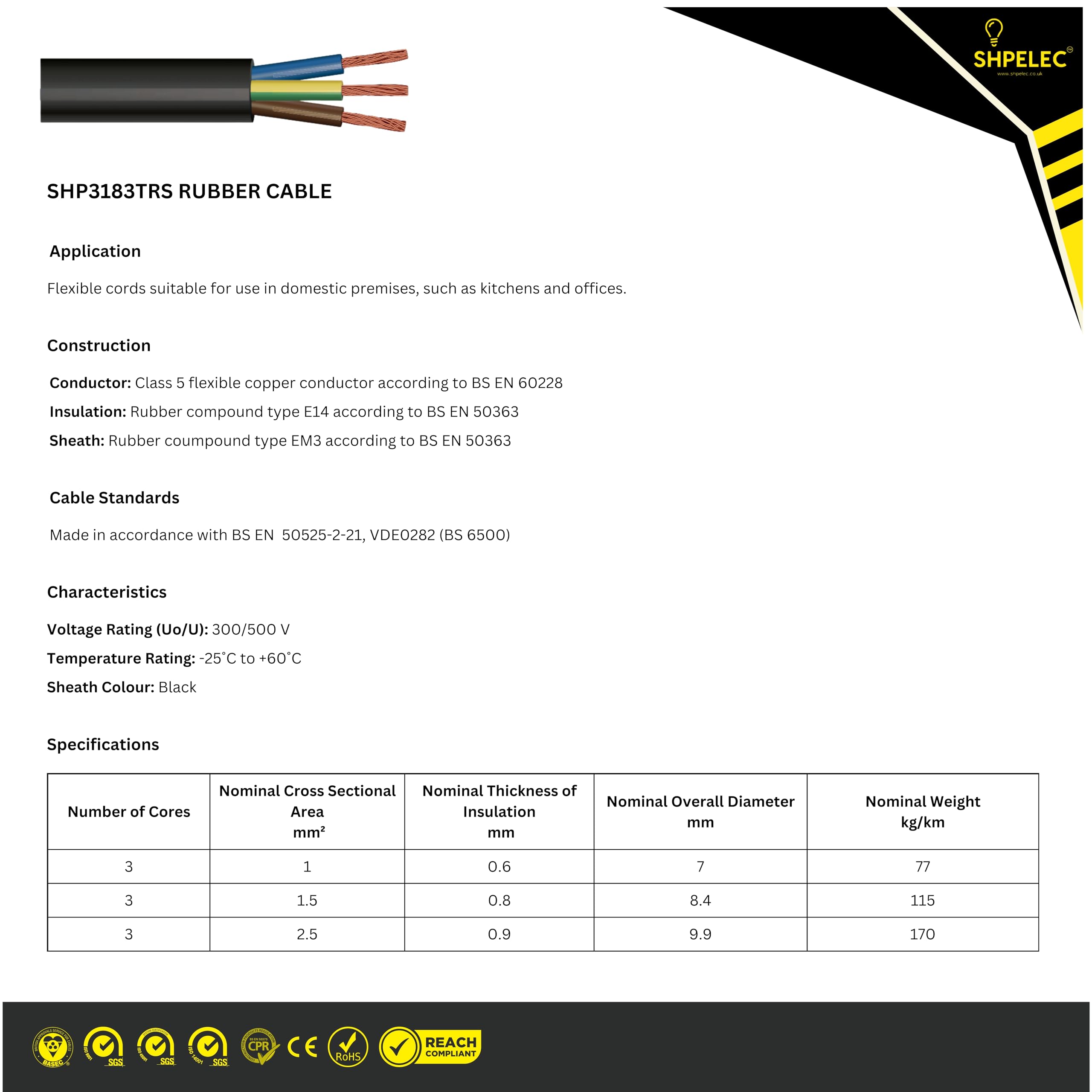 SHPELEC® H05RR-F 3 Core Flexible Rubber Cable, Premium Electrical Wire for Indoor and Outdoor Use, 1.0mm, 1.5mm, 2.5mm 5m - Image 4