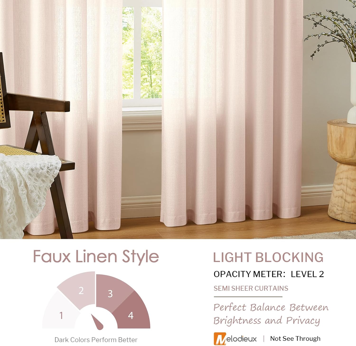 Melodieux Light Pink Semi Sheer Curtains 96 Inches Long for Living Room, Bedroom Faux Linen Light Filtering Grommet Privacy Sheer Drapes, 52 by 96 Inch, 2 Panels