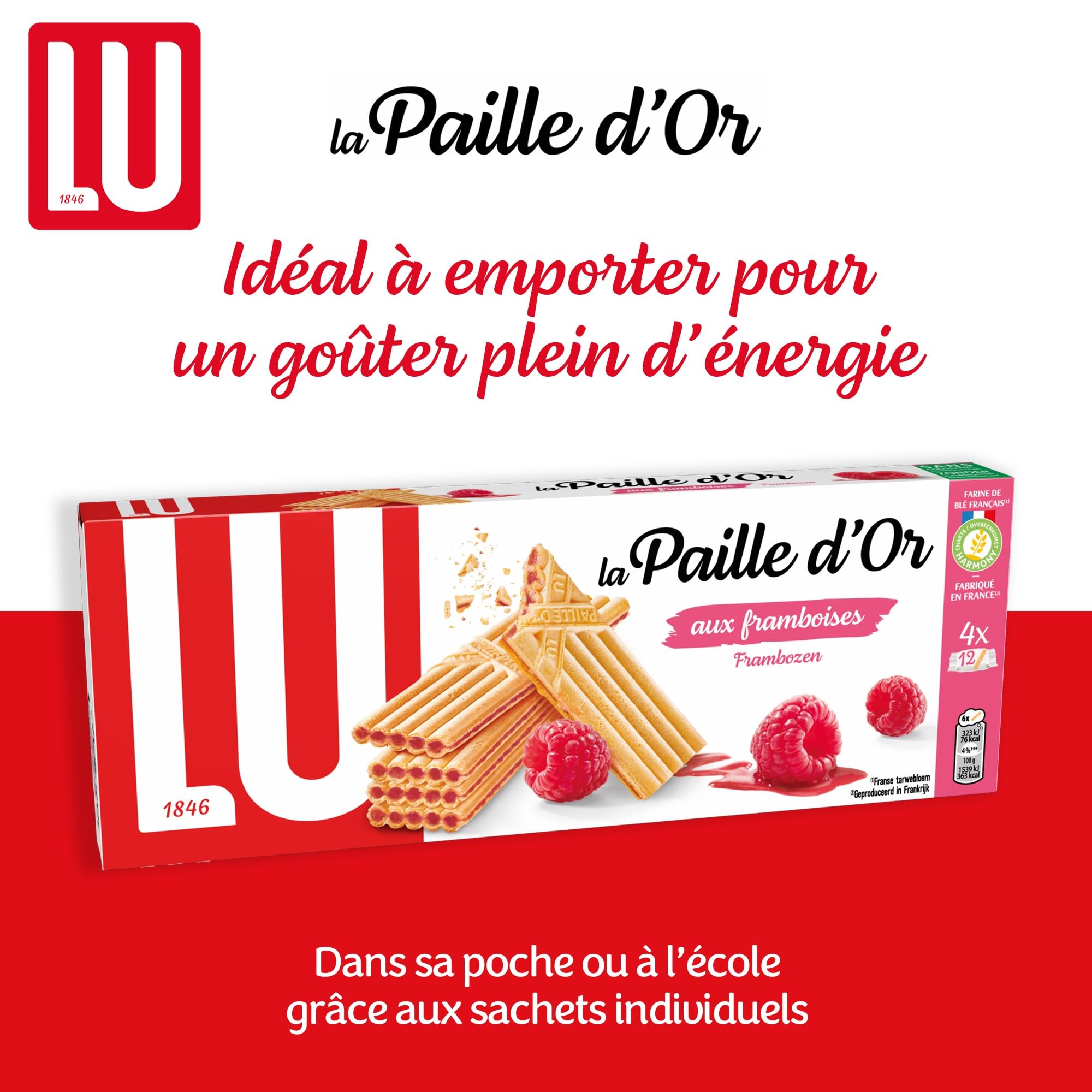 LU - Paille D'Or - Gaufrette Croustillante Fourrée à la Confiture de Framboise - Idéal Goûter, Petit Déjeuner, Snack - 16 Boîtes de 170 g
