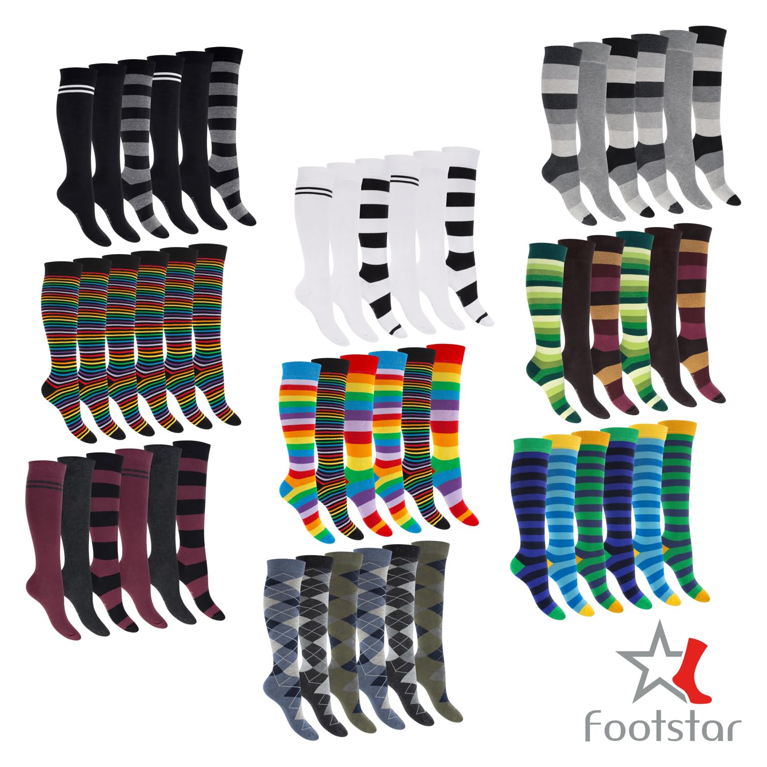 Footstar Calze al ginocchio da donna a righe (6 paia)