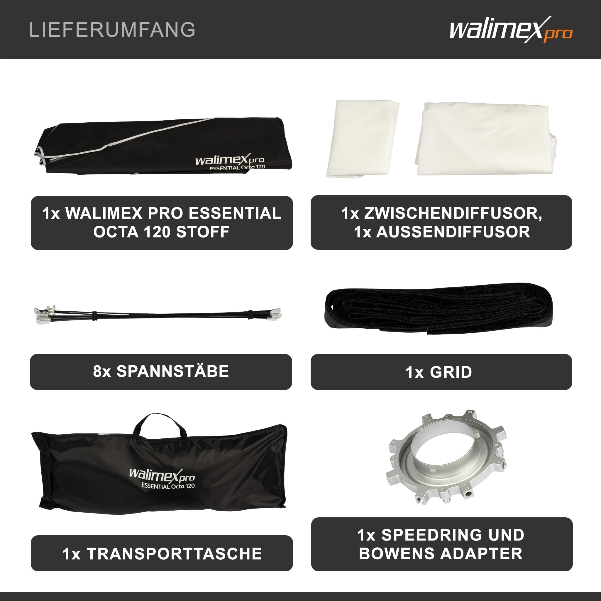 Walimex pro Essential Softbox Octagon 120 cm, Rotation à 360°, Montage Facile, avec Grille, Adaptateur Bowens et Sac de Transport, idéal pour Les Portraits et Les Prises de Vue de beauté