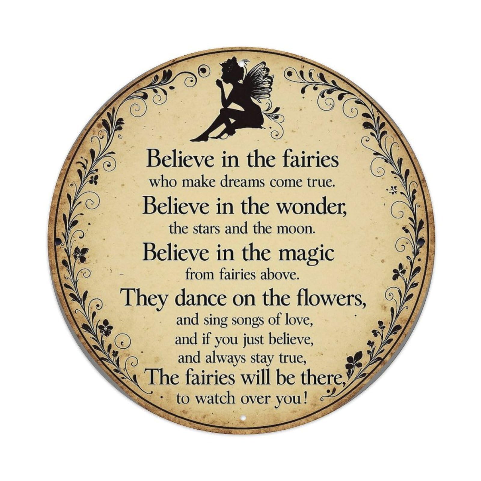 Fairy Silhouette Floral Border Text Round Tin Sign Vintage Metal Sign Home Bar Garden Indoor & Outdoor Wall Decor Retro Metal Poster 8x8 Inch