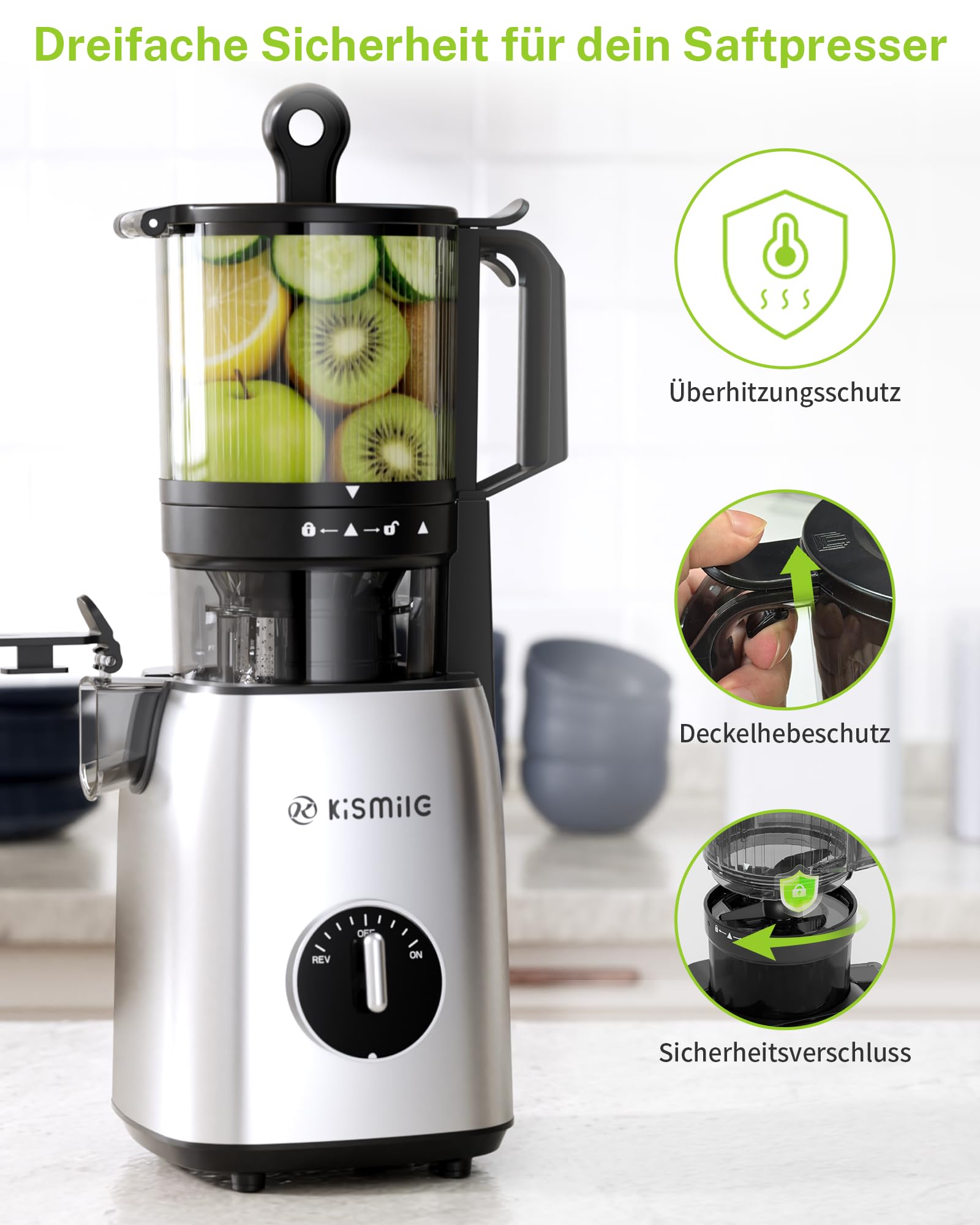 Kismile Sokowirówka, Slow Juicer z otworem wlotowym XL 135 mm, wysoka wydajność soku z całych warzyw i owoców, łatwa do czyszczenia, smukła konstrukcja z pokrętłem