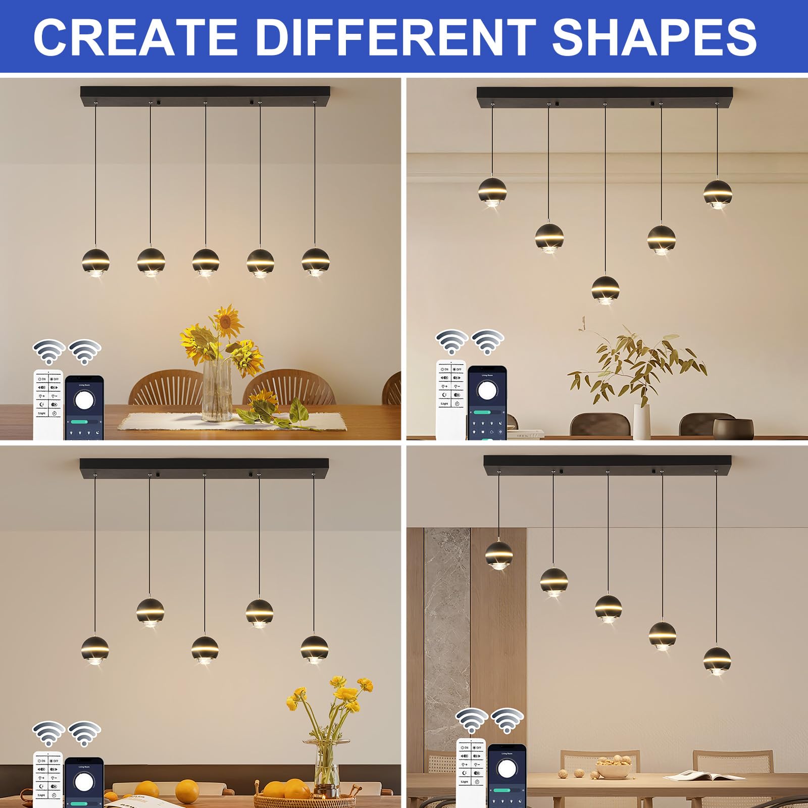 ORANOOR Nowoczesne lampy wiszące LED, ściemniane, 91 cm, kryształowy globus, oświetlenie żyrandolowe, czarno-złoty, do jadalni, wiszące oprawy oświetleniowe, wyspa kuchenna, liniowa lampa wisząca na