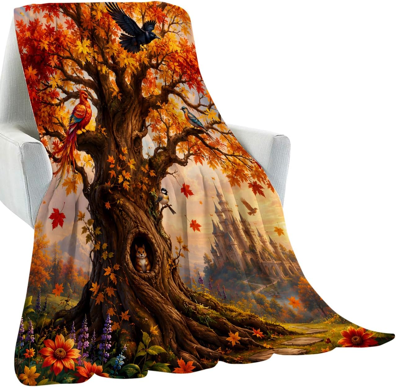 Fall Tree Blanket,Colorful Bird Castle Flannel Throw Blankets Gifts for Autumn Decor Lovers,Women Man Soft Lightweight Decorative Cover for Couch Sofa Bedroom Travel,Home Accent,50×60 Inch image 4