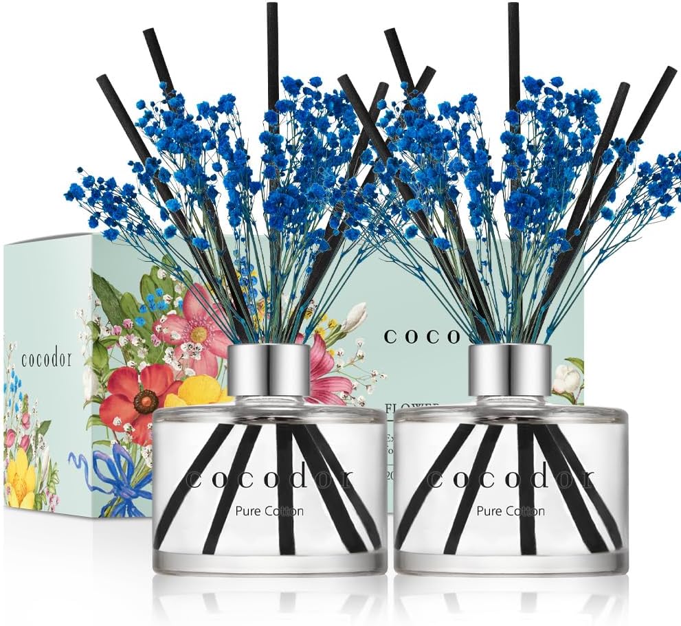 [COCODOR/Pure Cotton] Flower Reed diffusers Oil with a Set of 5 Fiber Sticks, 200ml*2packs, Best for Home, Kitchen, Bathroom. Diffusers with sticks