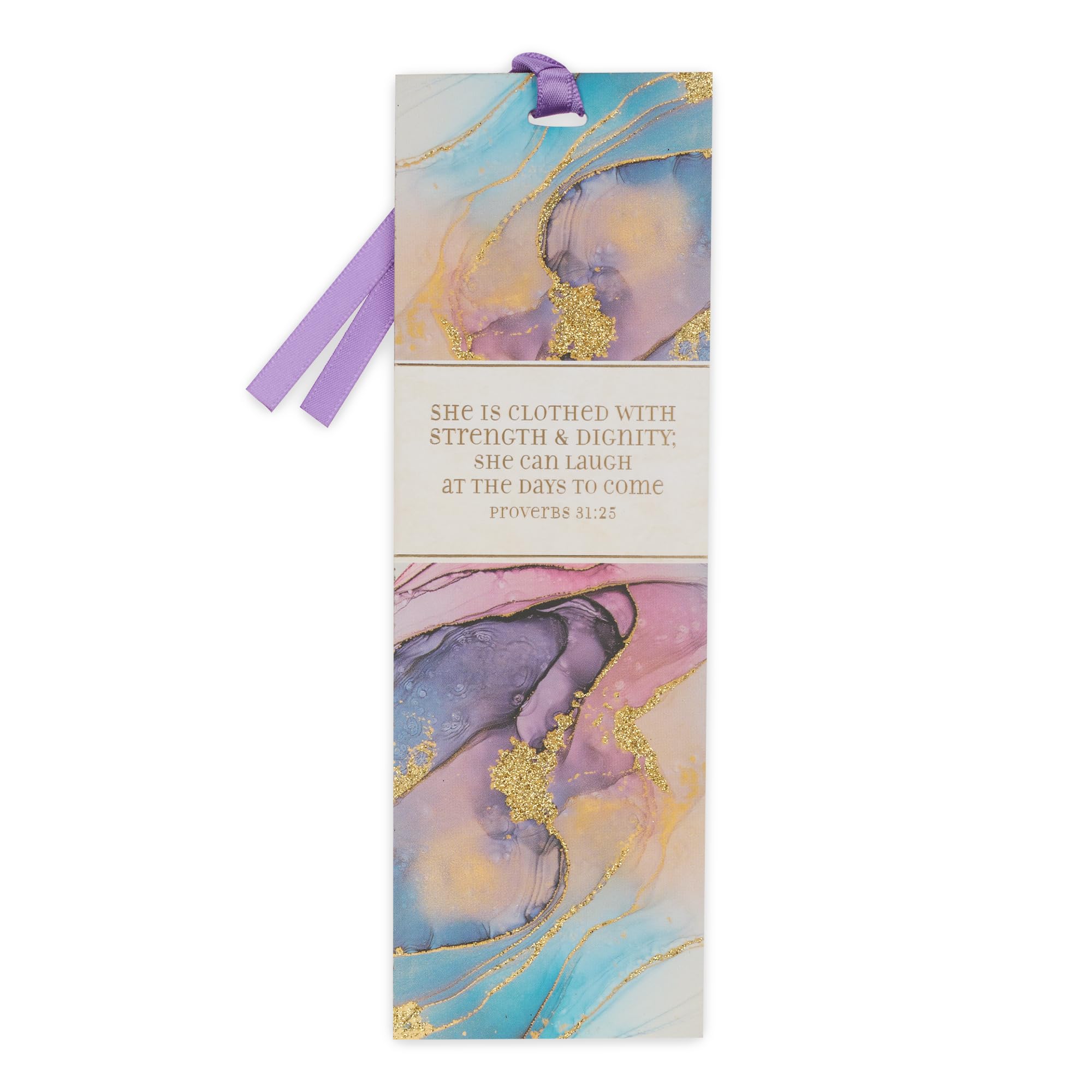 Purple Marble Swirl Premium Scripture Bookmark Clothed with Strength and Dignity Proverbs 31:25 Bible Verse Metallic Gold Accent Inspirational
