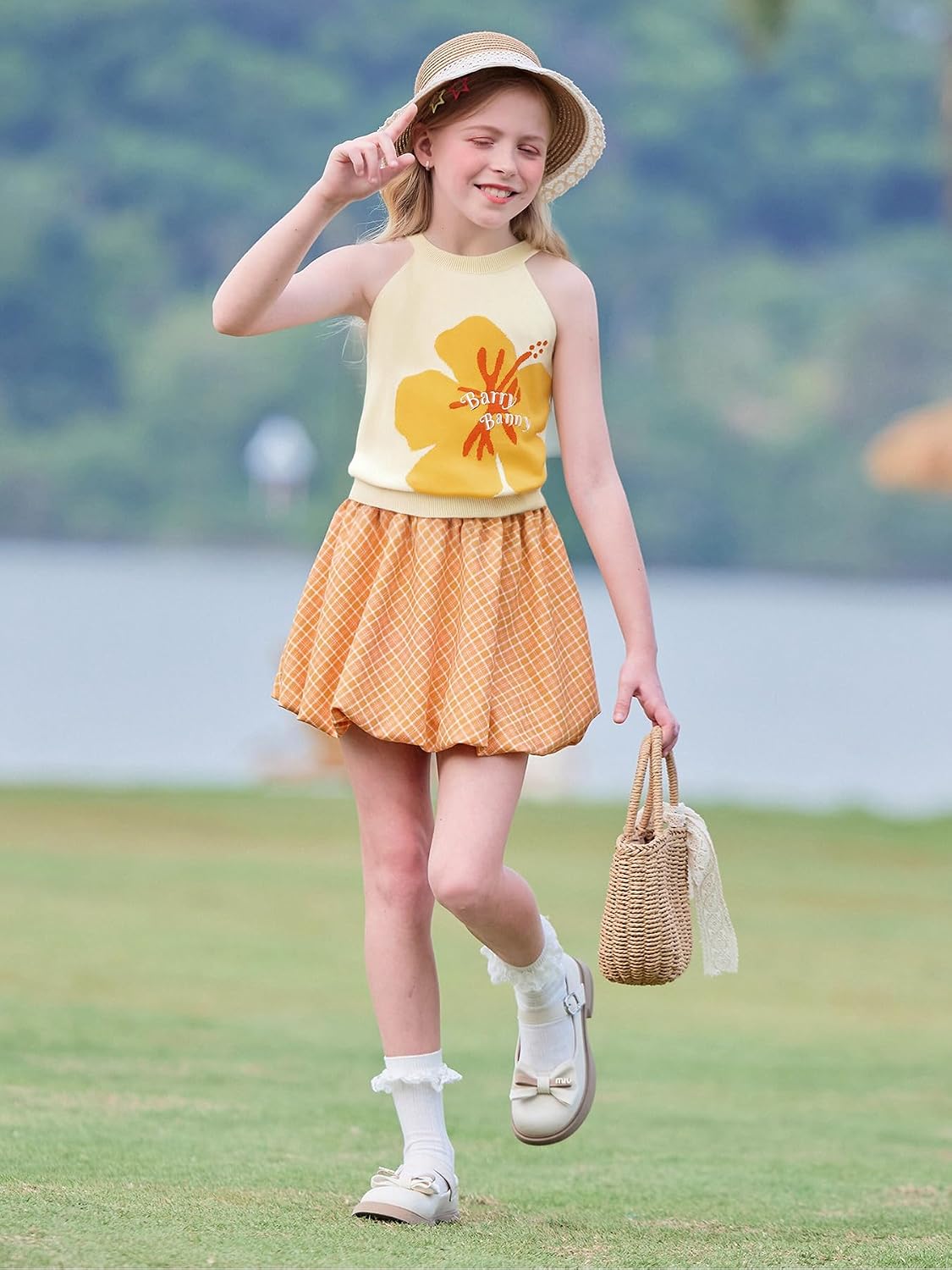 Girls Orange Plaid Bubble Skort High Waisted A-Line Balloon Skirt with Built-in Shorts for Kids 5-15Y