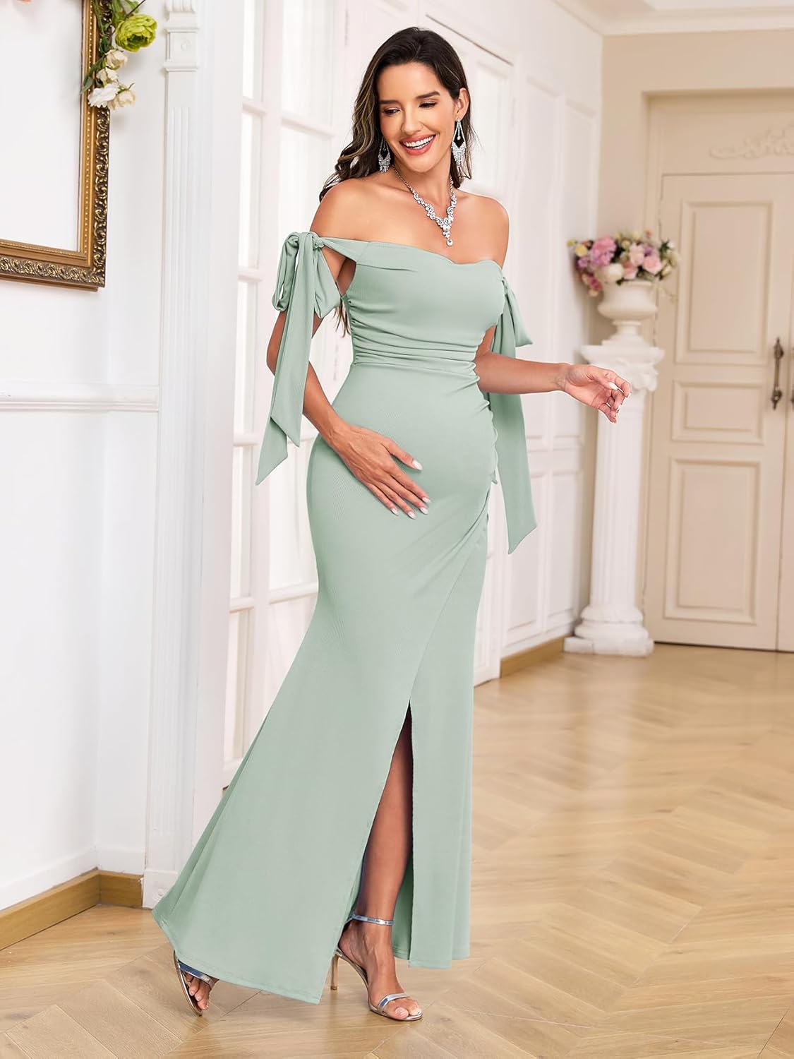 CYCLAMEN Maternity Dress Off Shoulder Ruched Ribbed Knit Gown with Adjustable Bow Tie Straps & Slit for Baby Shower