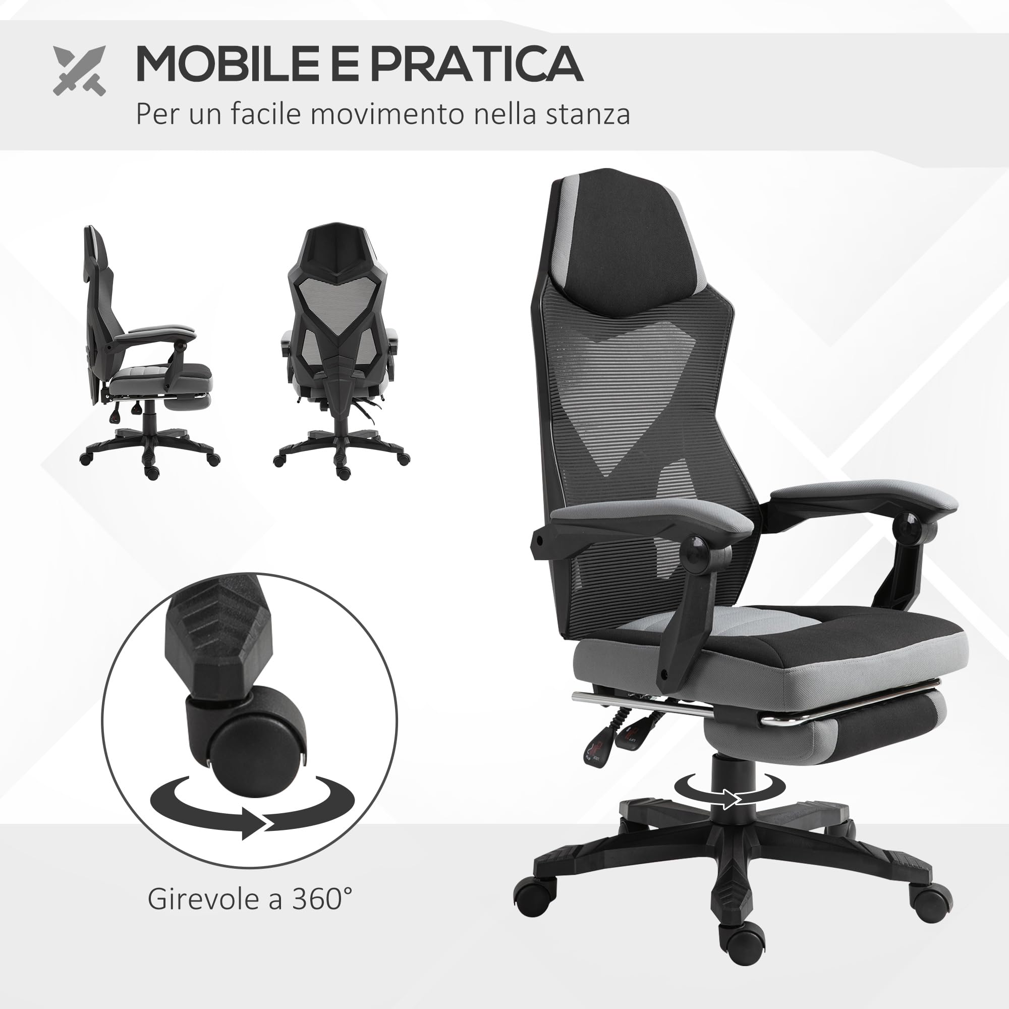 Vinsetto Sedia da Ufficio Ergonomica con Poggiapiedi Retrattile Grigio | Schienale Alto, Sedia da Scrivania Girevole Reclinabile, Supporto Lombare, Altezza Regolabile, Tessuto a Rete