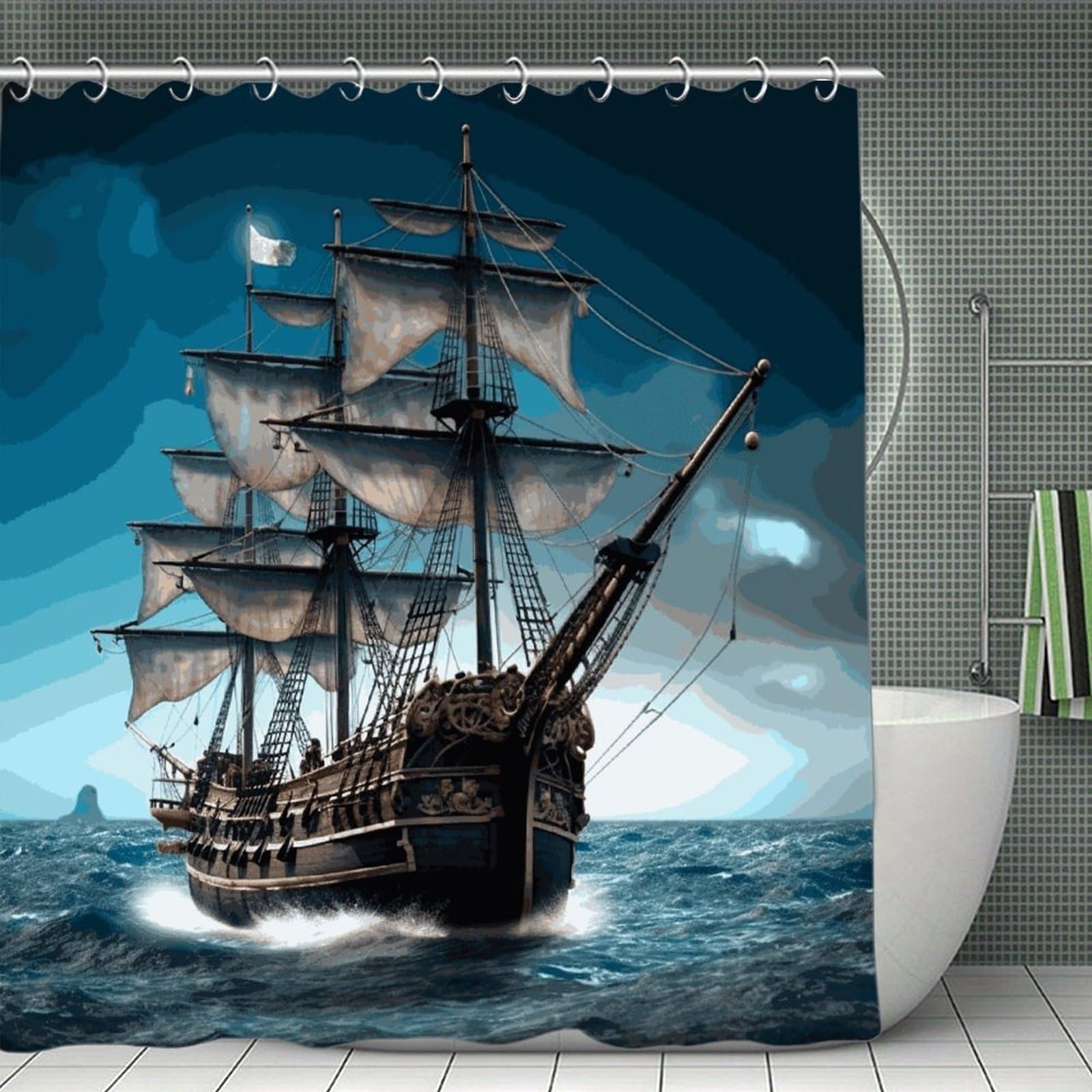 FekiLoot Pirate Ship Shower Curtain Minimalist Thick Bathroom Curtain Washable Modern Bathroom Shower Curtain Heavy Duty Waterproof Cloth Bath Curtain with Hooks 70.8"x70.8"