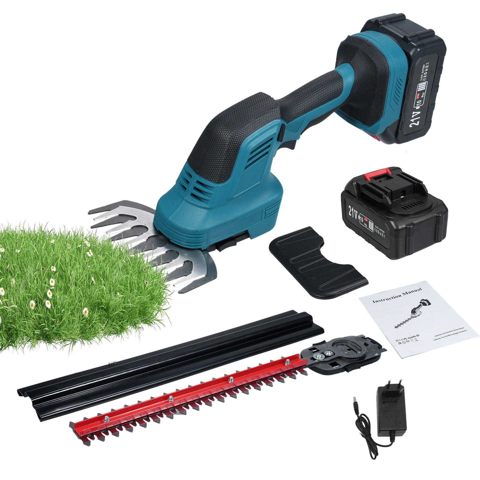 Taille-haie 2 en 1 Cisaille à Gazon électrique 21 V Coupe-arbustes Coupe-Herbe à Main Coupe-haie léger pour Jardin, Cour et pelouse (EU Plug & 2 Battery)