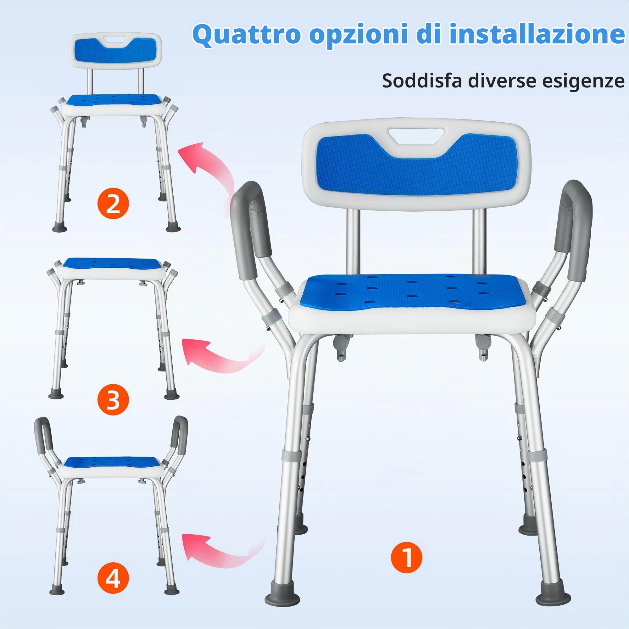 Sedia per Doccia per Anziani, Disabili e Donne Incinte, Sedia da Doccia con Braccioli e Schienale, Sedile per Vasca da Bagno Antiscivolo, Sgabello Doccia Anziani, Regolabile in Altezza