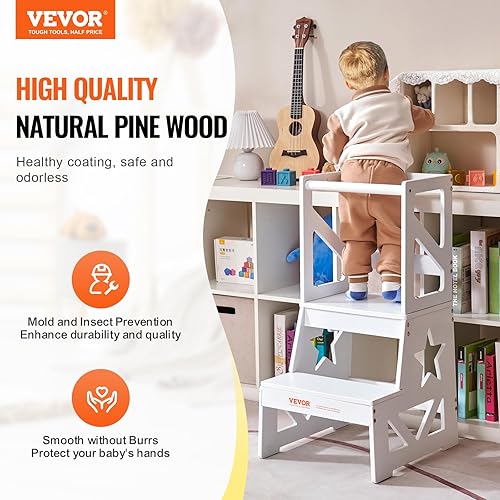 Miniatura 2 de VEVOR Taburete de cocina para niños pequeños, madera de pino natural con riel de seguridad, capacidad de carga de 150 libras, taburete de