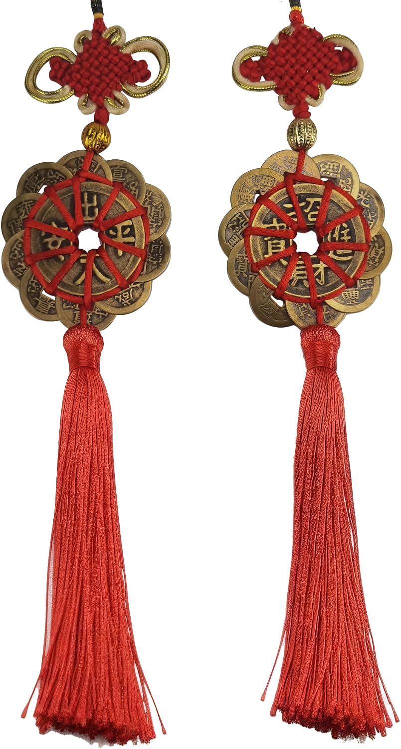 Ten Emperors Coins Feng Shui Charm Set - Chinese Knot Lucky Amulet for Wealth Protection & Peace Good Fortune (2-Pack)