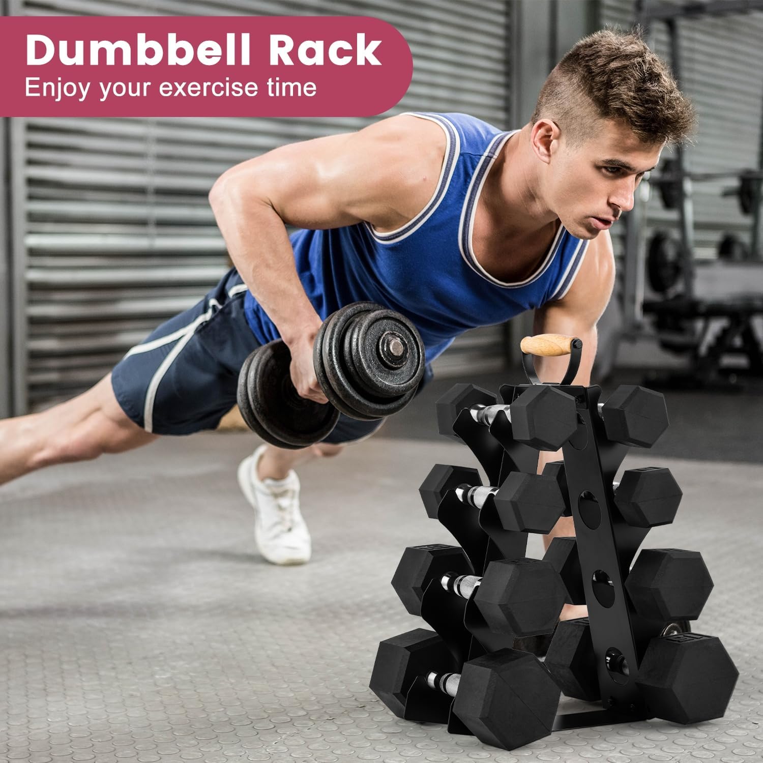 Wetheny Dumbbell Rack Stand Only (Dumbbells not Included), Compact A-Frame Weight Rack with Wooden Handle, for Home Gym Workout