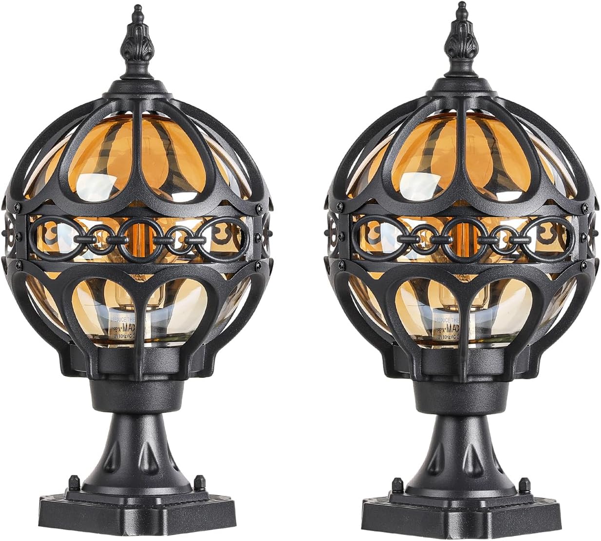 2 Pack Globe Outdoor Post Lights, Black Sphere Post Lamp Fixture with Pier Mounting Base, Waterproof Rustproof Aluminum Outside Post Light for Lawn Porch Garden Pathway Patio Fence No Sensor,Medium