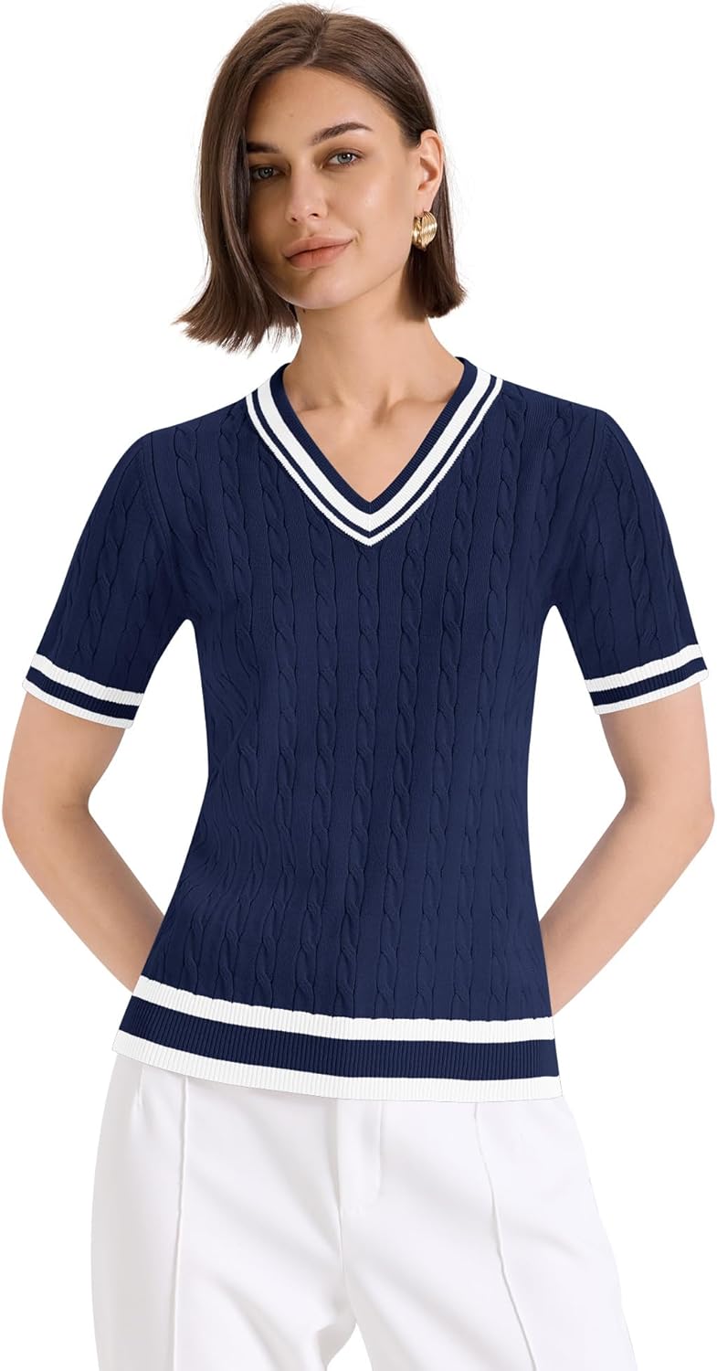 Kistore Womens Summer Short Sleeve Sweaters Tops V Neck Cable Knit Lightweight Sweater Shirts Blouses 2025 - Image 3