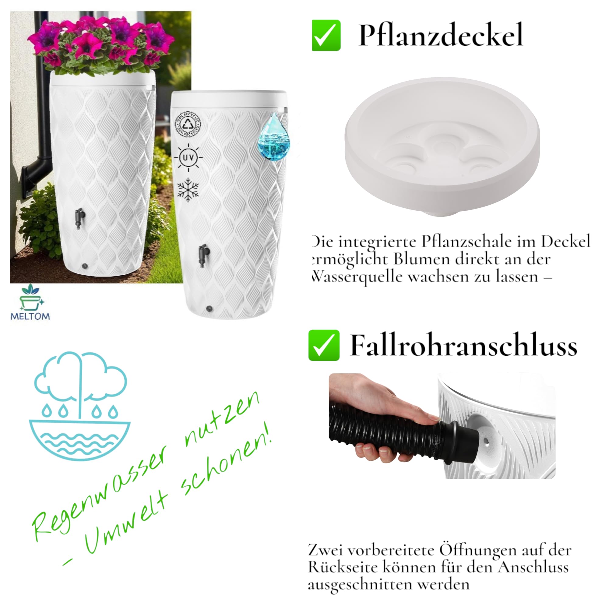 Design Regenwassertank 240L Weiß – Pflanzbar – 112 cm Höhe – Inkl. Fallrohranschluss-Set – Wasserbehälter für Garten – Regentonne Kunststoff (Weiß)
