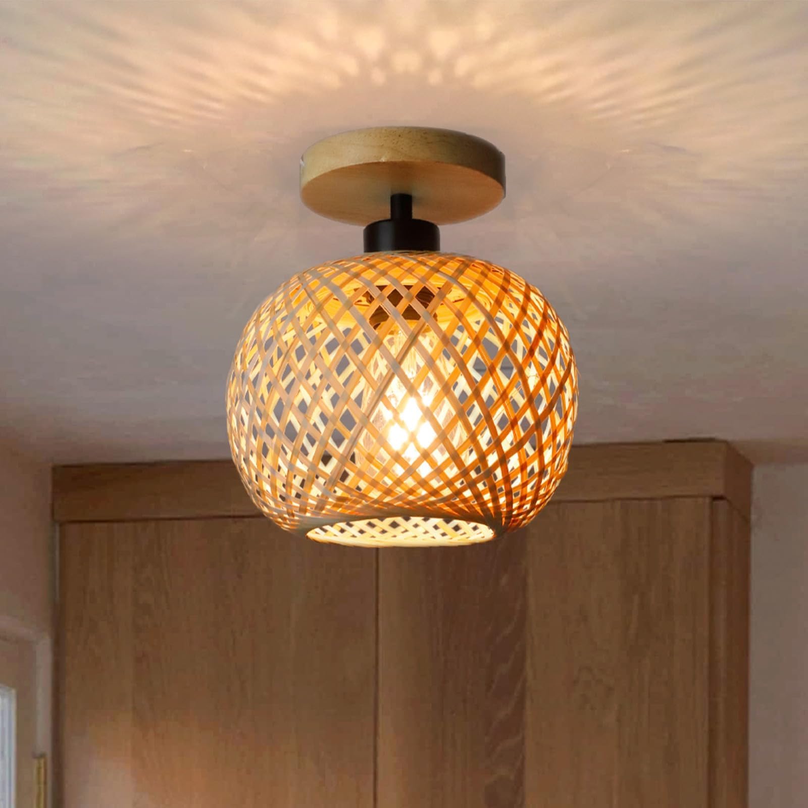Bamboo Flush Mount Light Fixture Rustic Basket Handmade Woven Semi Flush Mount Ceiling Light for Hallway Bedroom Kitchen Entryway Farmhouse (No Bulb)