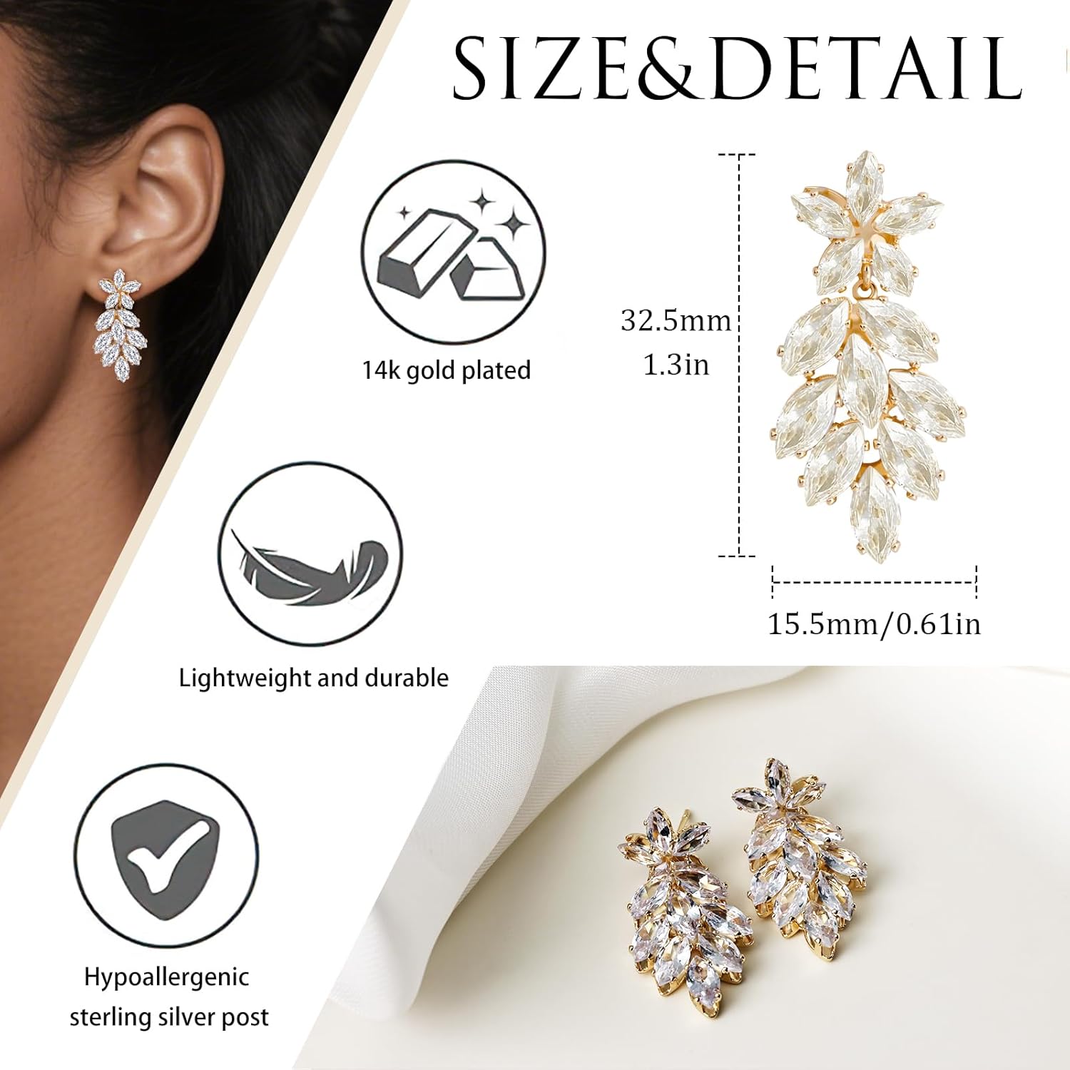 Gold &Silver Flower Dangle Earrings for Women, Flower Cubic Zirconia Earrings Studs Jewelry for Women with Swining Petals - Image 5