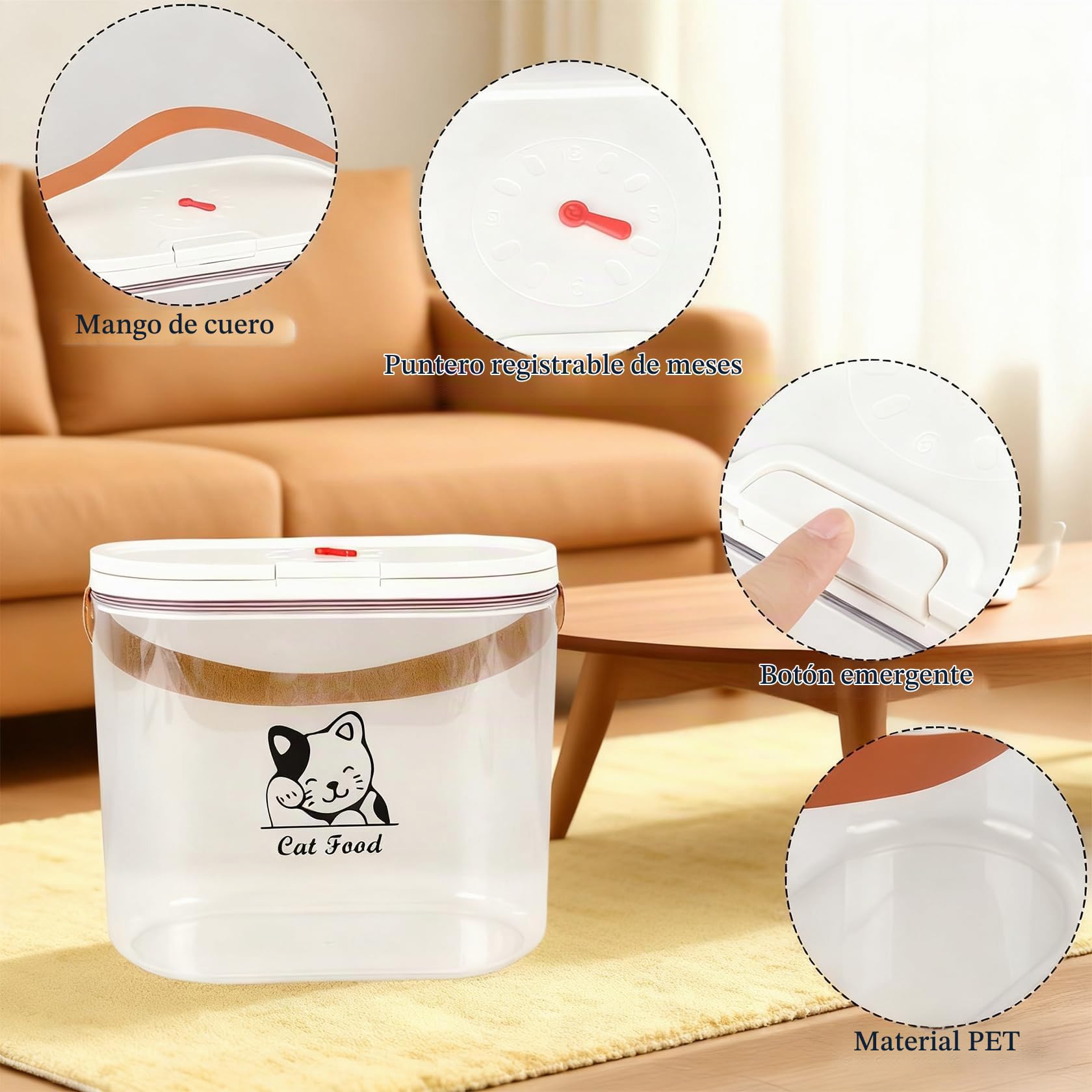 Almacenamiento de comida para gatos de 7 libras con asa y cuchara dosificadora – Almacenamiento de comida para perros de plástico transparente – Libre de BPA – Contenedor de comida al aire libre para