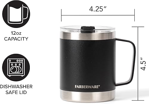 Miniatura 4 de Farberware Taza de acero inoxidable con tapa y asa, 12 horas de frío, 6 horas de calor, doble pared aislada, diseño sin sudor, apta para